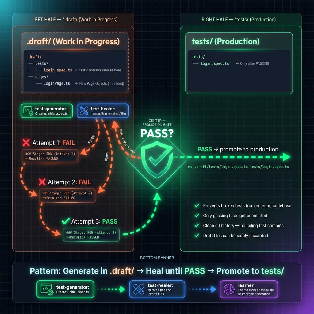 Draft to Production — .draft/ heals until PASS then promotes to tests/